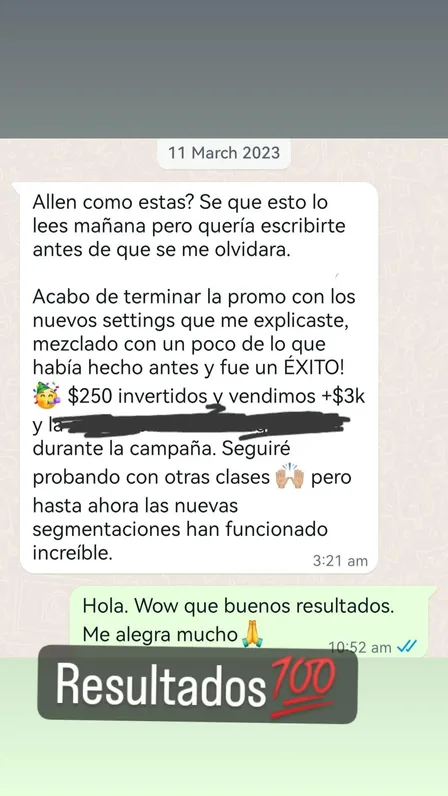 Mensaje de WhatsApp: $250 invertidos, más de $3k en ventas